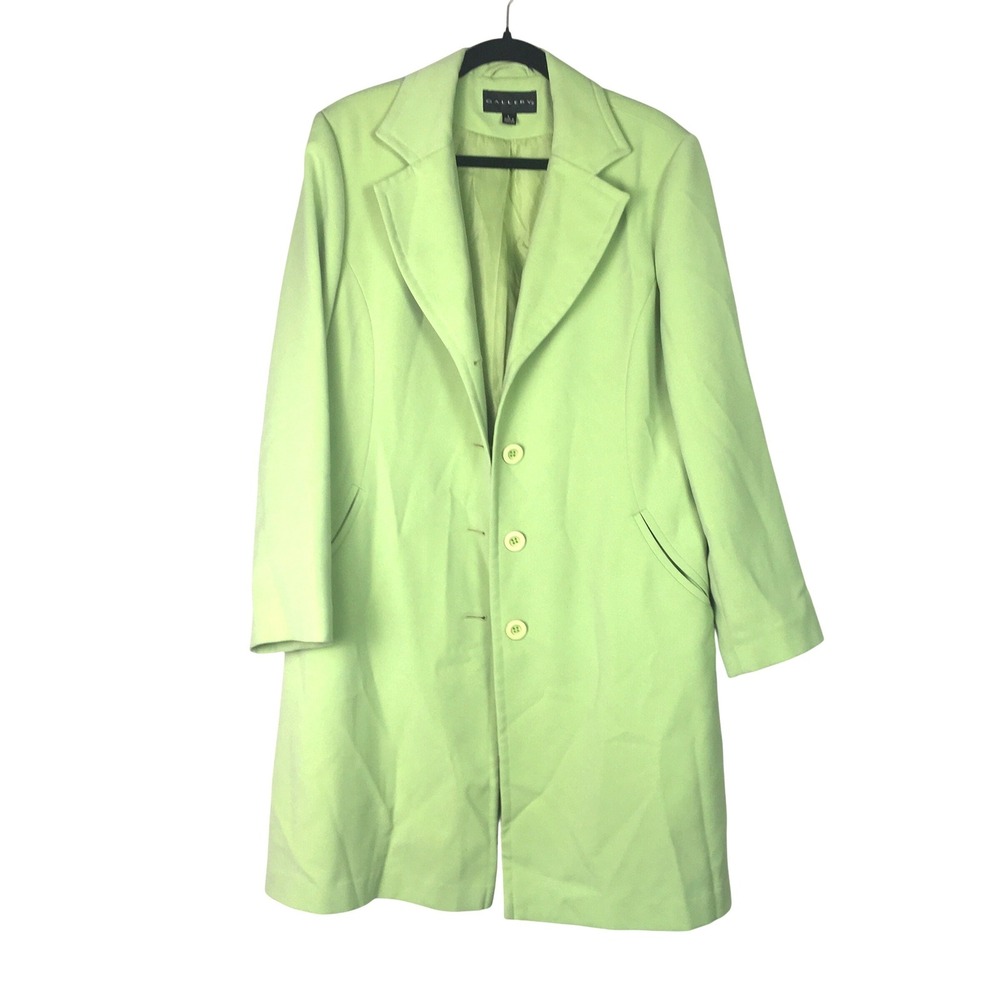 Gallery Button Front Notched Lapel Mid-Length Coat Large Lime Green